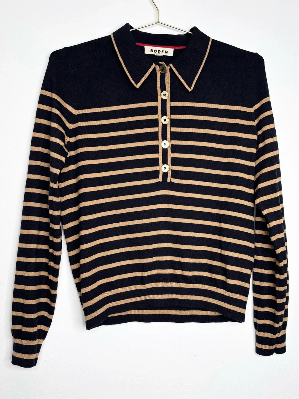 Boden Liz Henley Jumper Navy Camel Stripe Gold Button Knit Sweater Size M